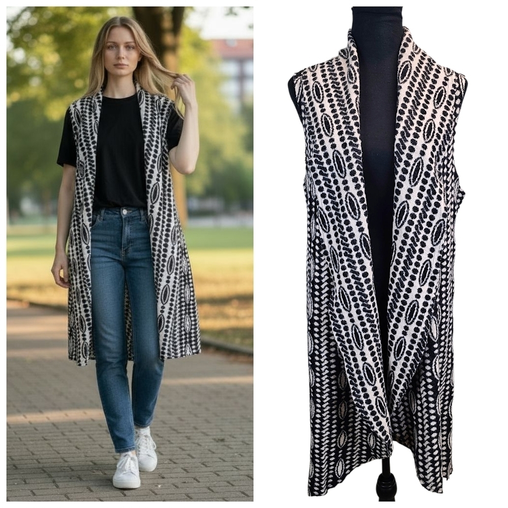 Anthro MOTH Jacquard Wool Blend Long Open Drape Vest XS S Black White  Warm Cozy